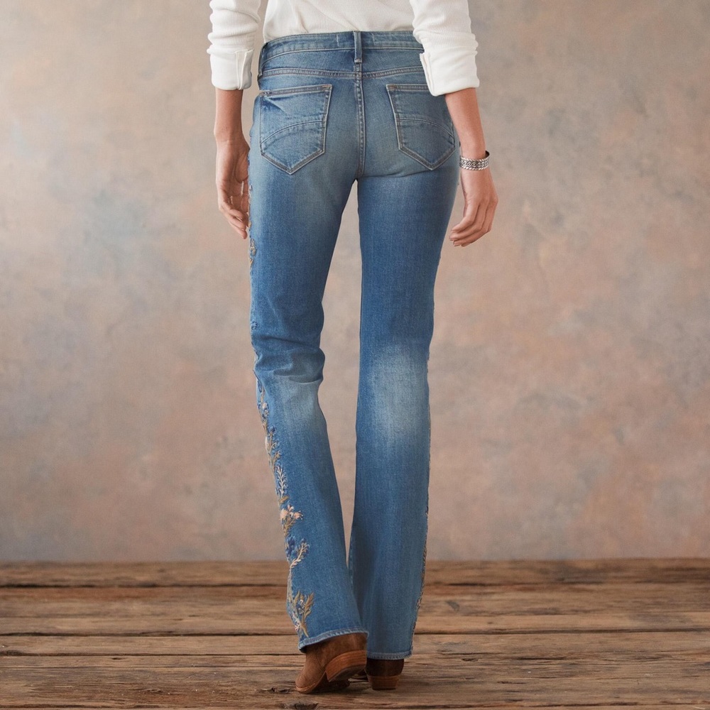 DRIFTWOOD Blue Boot Cut Jeans with Embroidered Floral Side - Picture 3 of 6